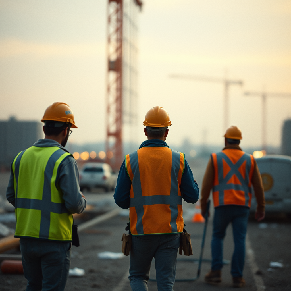 three construction guys working out of distance
